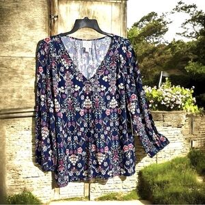 St John's Bay Top M Navy Multi Floral Whimsigoth Pullover Casual Boho Shirt